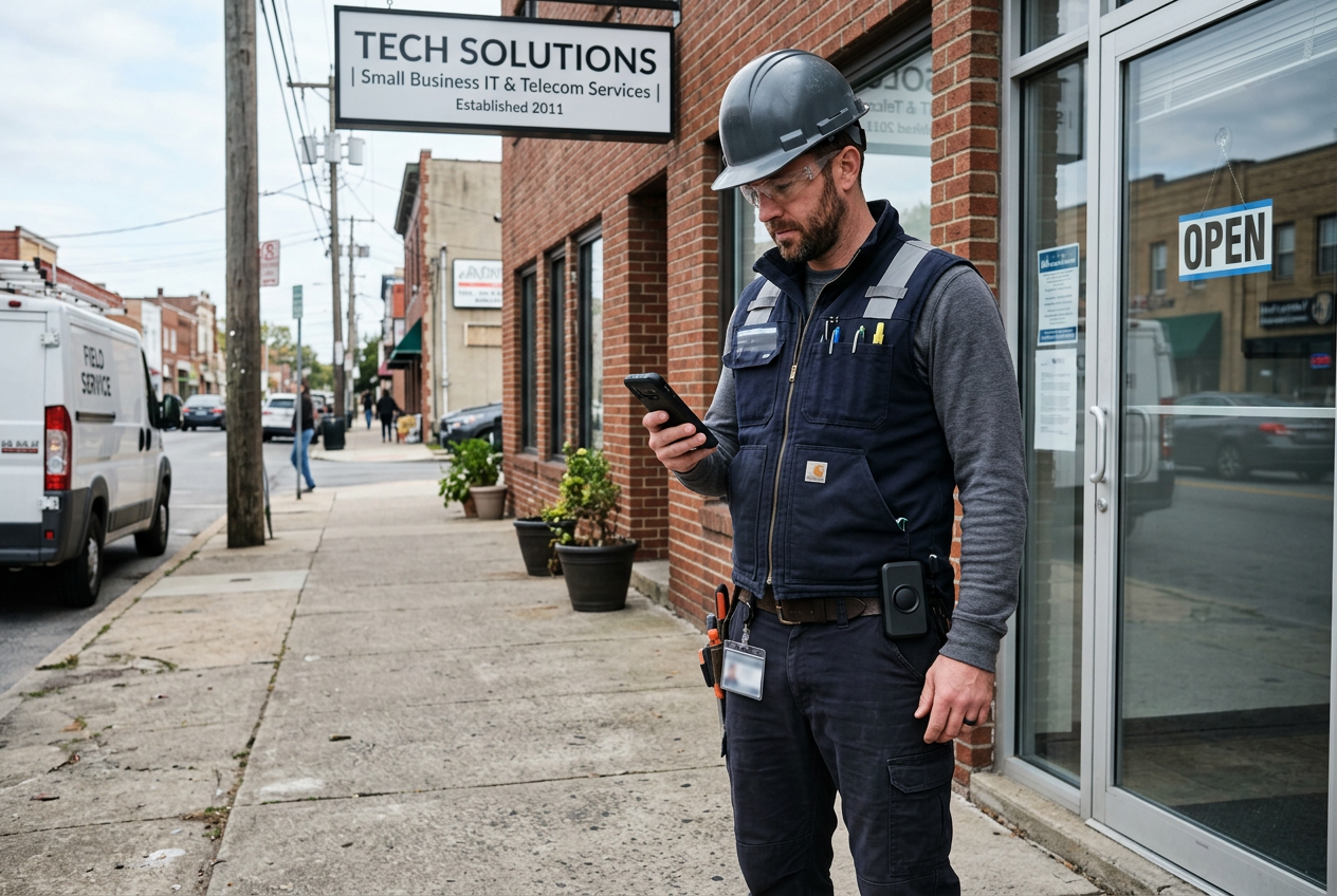 Firefly_Gemini Flash_telecom or cable field technician standing outside small business location, wearing b 549944
